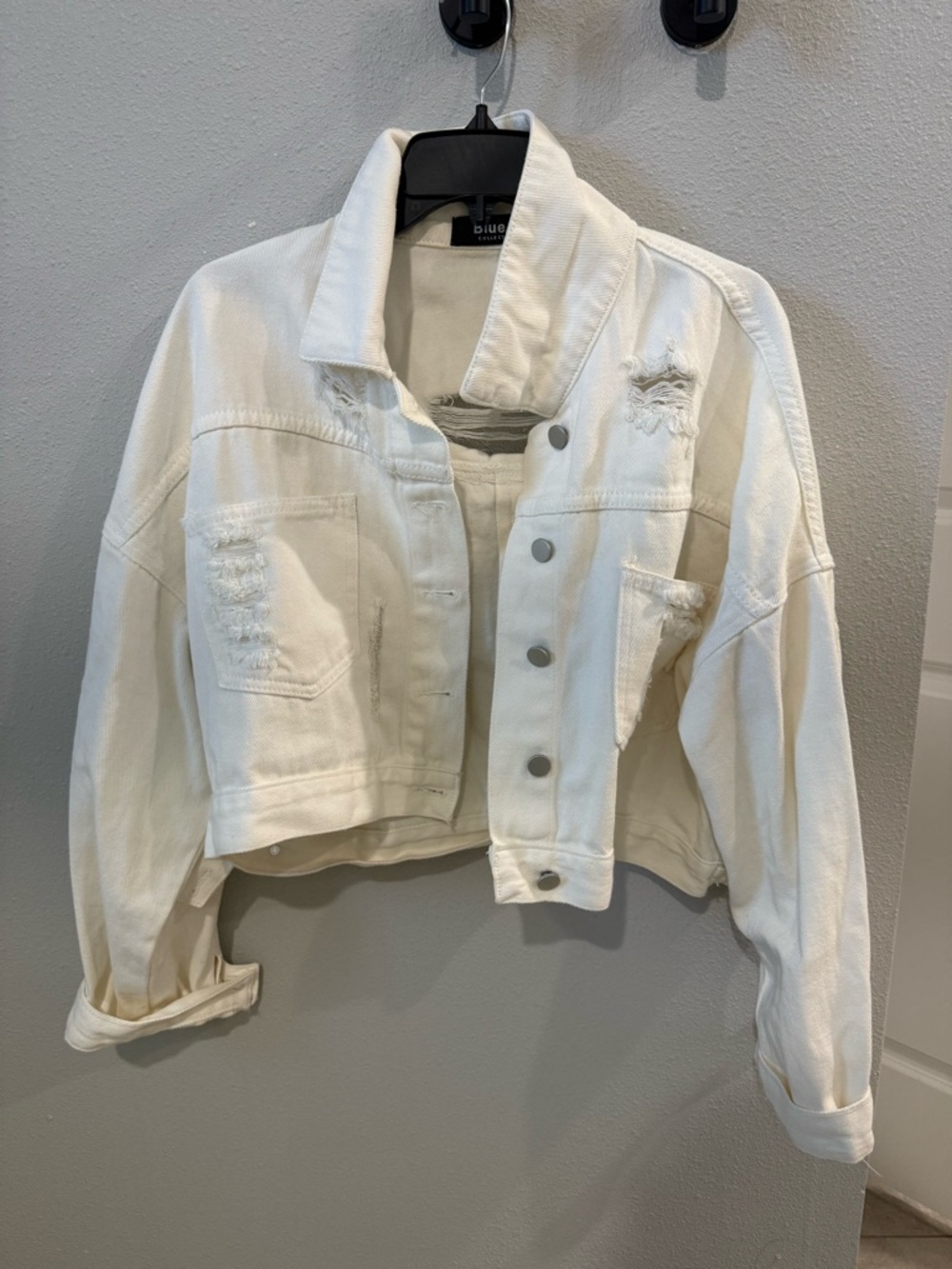 Blue B Off White Distressed Cropped Denim Jacket
